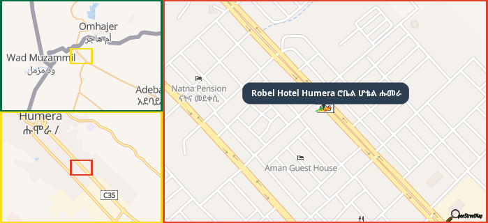 Map showing the address of Robel Hotel Humera ሮቤል ሆቴል ሑመራ in three different zoom levels.