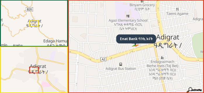 Map showing the address of Enat Bank ባንኪ እናት in three different zoom levels.