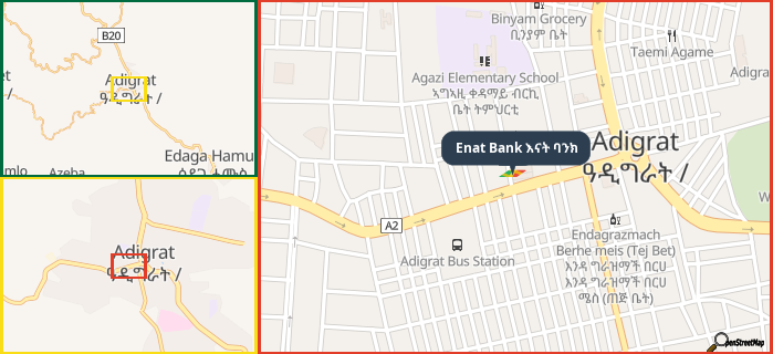Map showing the address of Enat Bank እናት ባንክ in three different zoom levels.