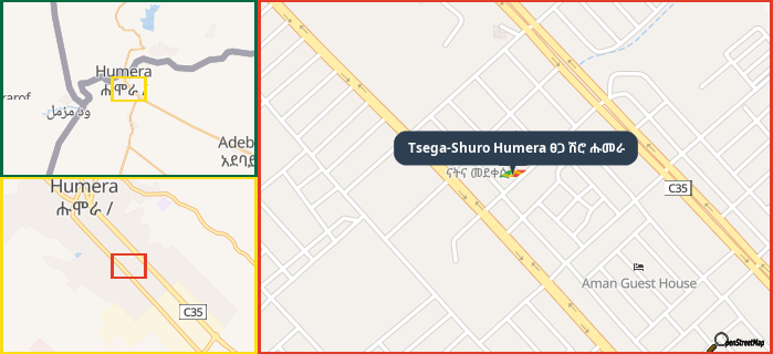 Map showing the address of Tsega-Shuro Humera ፀጋ ሽሮ ሑመራ in three different zoom levels.