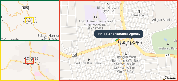 Map showing the address of Ethiopian Insurance Agency in three different zoom levels.