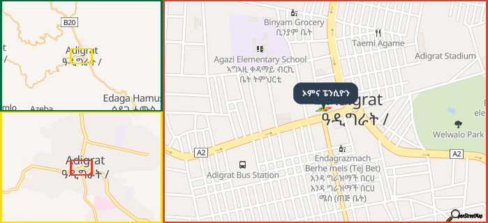 Map showing the address of ኦምና ፔንሲዮን in three different zoom levels.