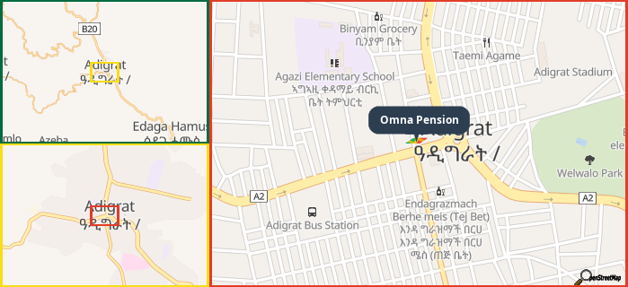 Map showing the address of Omna Pension in three different zoom levels.