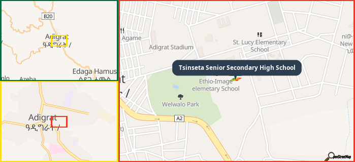 Map showing the address of Tsinseta Senior Secondary High School in three different zoom levels.