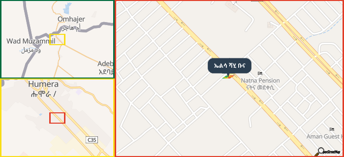 Map showing the address of ኤልሳ ሻሂ ቡና in three different zoom levels.