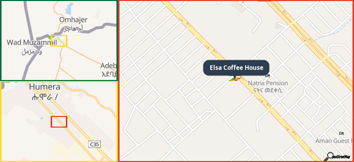 Map showing the address of Elsa Coffee House in three different zoom levels.