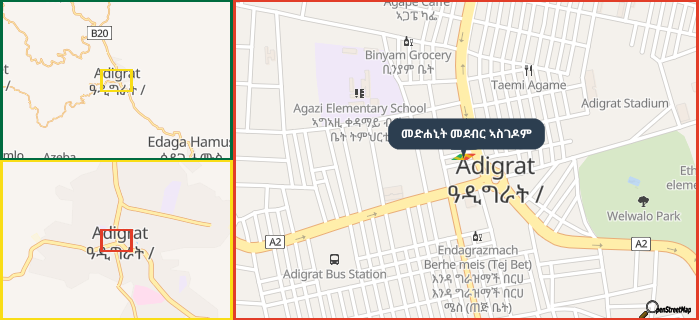 Map showing the address of መድሐኒት መደብር ኣስገዶም in three different zoom levels.