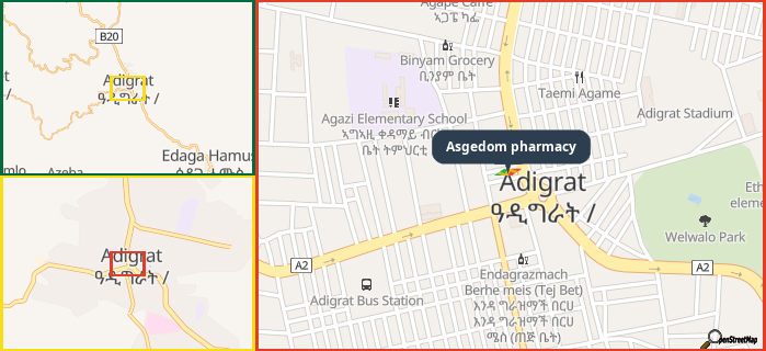 Map showing the address of Asgedom pharmacy in three different zoom levels.