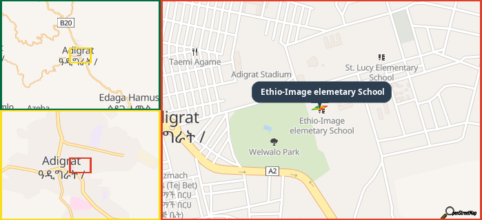 Map showing the address of Ethio-Image elemetary School in three different zoom levels.