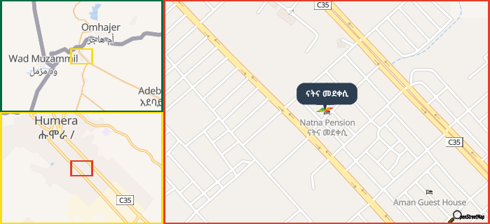 Map showing the address of ናትና መደቀሲ in three different zoom levels.