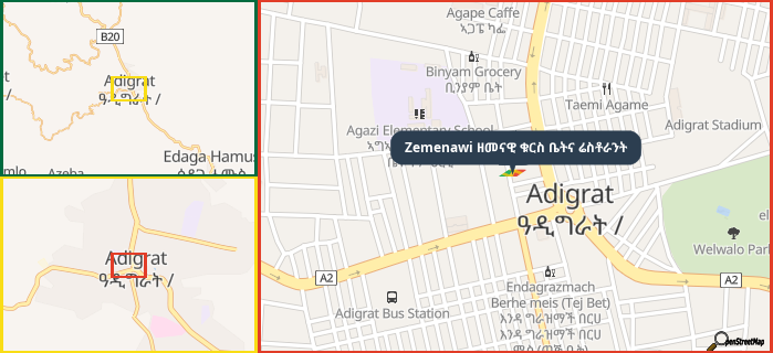 Map showing the address of Zemenawi ዘመናዊ ቁርስ ቤትና ሬስቶራንት in three different zoom levels.