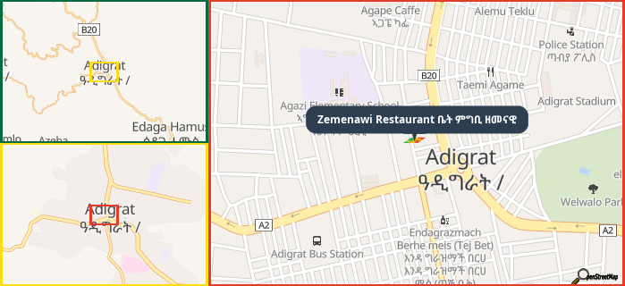 Map showing the address of Zemenawi Restaurant ቤት ምግቢ ዘመናዊ in three different zoom levels.