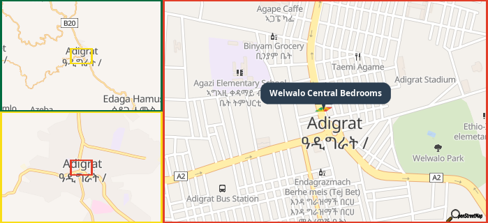 Map showing the address of Welwalo Central Bedrooms in three different zoom levels.