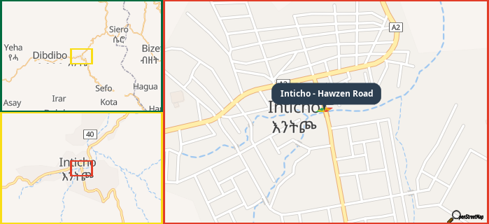 Map showing the address of Inticho - Hawzen Road in three different zoom levels.