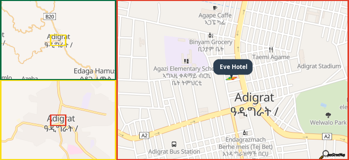 Map showing the address of Eve Hotel in three different zoom levels.