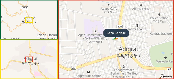 Map showing the address of Geza Gerlase in three different zoom levels.