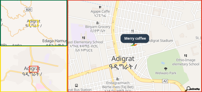 Map showing the address of Merry coffee in three different zoom levels.