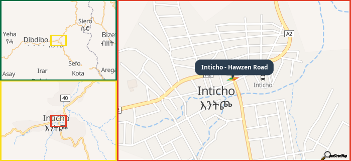 Map showing the address of Inticho - Hawzen Road in three different zoom levels.