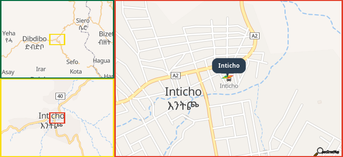 Map showing the address of Inticho in three different zoom levels.