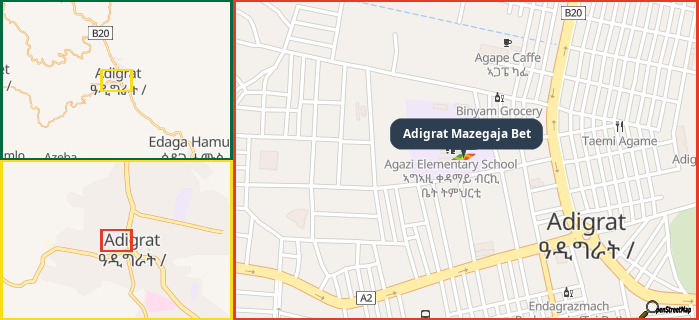Map showing the address of Adigrat Mazegaja Bet in three different zoom levels.