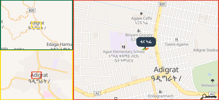 Map showing the address of ፋና ካፌ in three different zoom levels.