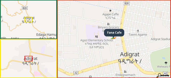 Map showing the address of Fana Cafe in three different zoom levels.