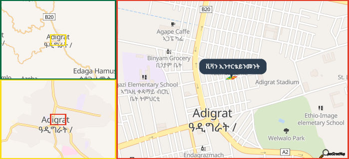 Map showing the address of ቪቫን ኢንተርቴይንመንት in three different zoom levels.