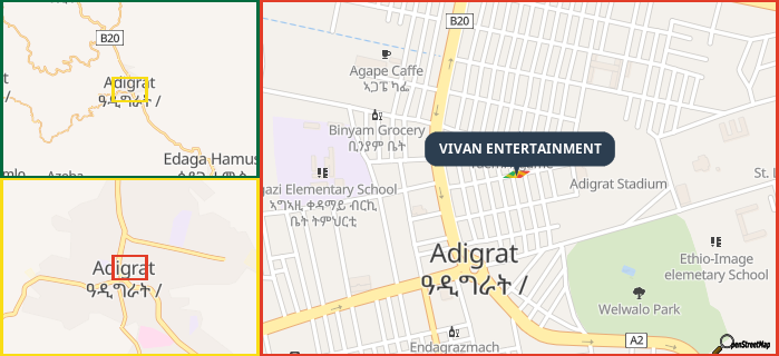 Map showing the address of VIVAN ENTERTAINMENT in three different zoom levels.