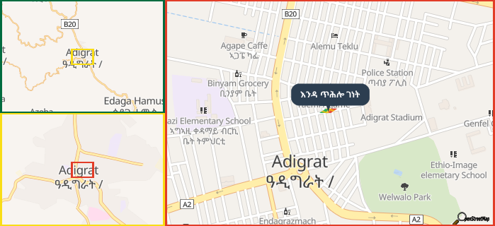 Map showing the address of እንዳ ጥሕሎ ገነት in three different zoom levels.