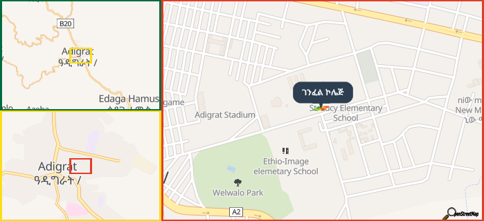 Map showing the address of ገንፈል ኮሌጅ in three different zoom levels.