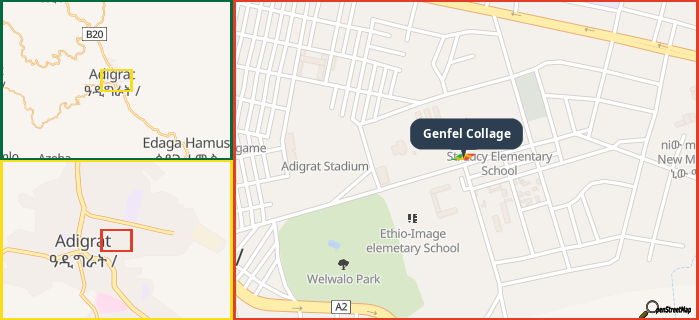 Map showing the address of Genfel Collage in three different zoom levels.