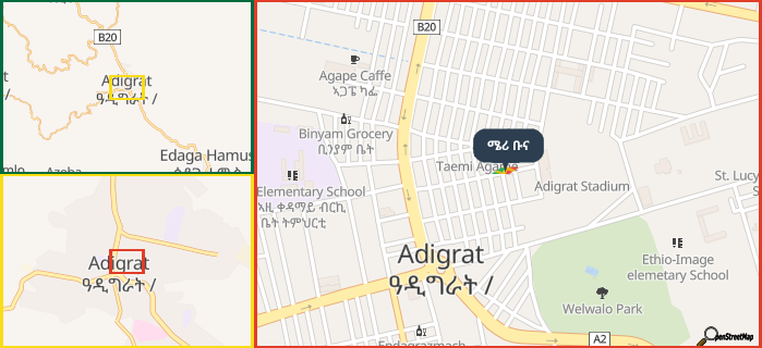 Map showing the address of ሜሪ ቡና in three different zoom levels.