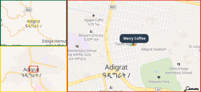 Map showing the address of Merry Coffee in three different zoom levels.