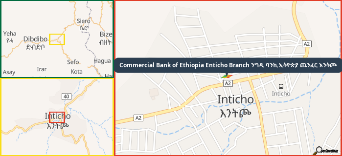Map showing the address of Commercial Bank of Ethiopia Enticho Branch ንግዲ ባንኪ ኢትዮጵያ ጨንፈር እንትጮ in three different zoom levels.