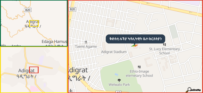 Map showing the address of ቅድስቲ ሉችያ ካቶሊካዊት ቤተ-ክርስትያን in three different zoom levels.