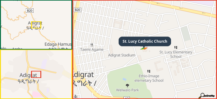 Map showing the address of St. Lucy Catholic Church in three different zoom levels.