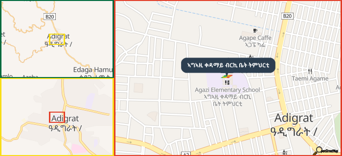 Map showing the address of ኣግኣዚ ቀዳማይ ብርኪ ቤት ትምህርቲ in three different zoom levels.