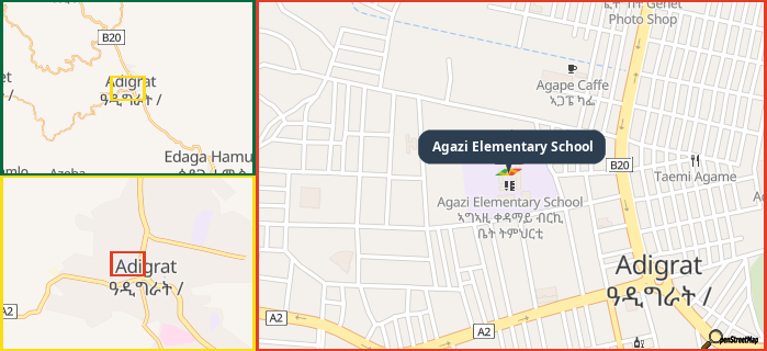 Map showing the address of Agazi Elementary School in three different zoom levels.