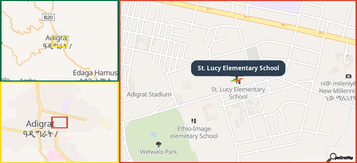 Map showing the address of St. Lucy Elementary School in three different zoom levels.