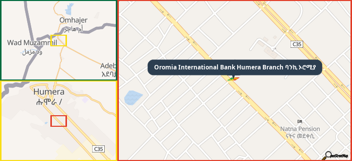 Map showing the address of Oromia International Bank Humera Branch ባንኪ ኦሮሚያ in three different zoom levels.