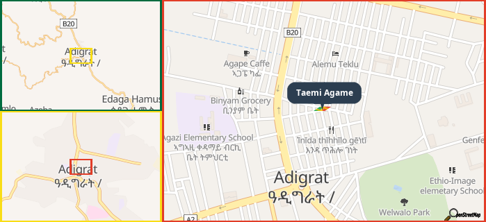 Map showing the address of Taemi Agame in three different zoom levels.