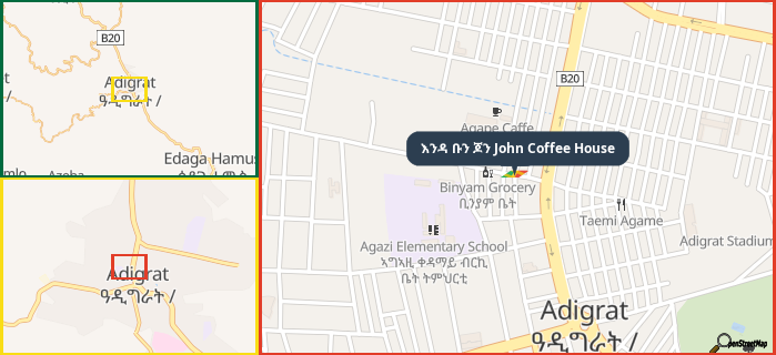 Map showing the address of እንዳ ቡን ጆን John Coffee House in three different zoom levels.