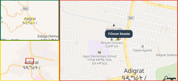 Map showing the address of Filmon Kesete in three different zoom levels.