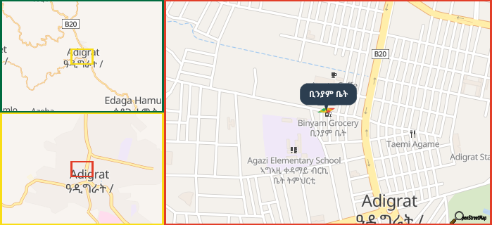 Map showing the address of ቢንያም ቤት in three different zoom levels.