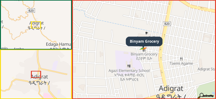 Map showing the address of Binyam Grocery in three different zoom levels.