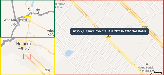 Map showing the address of ብርሃን ኢንተርናሽናል ባንክ BIRHAN INTERNATIONAL BANK in three different zoom levels.