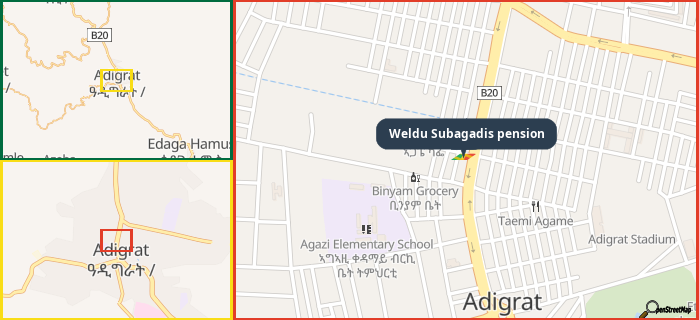 Map showing the address of Weldu Subagadis pension in three different zoom levels.