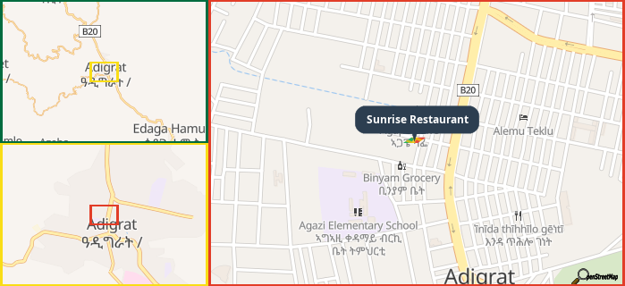 Map showing the address of Sunrise Restaurant in three different zoom levels.