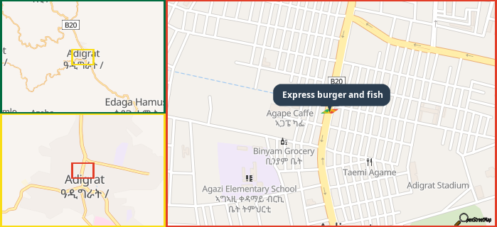 Map showing the address of Express burger and fish in three different zoom levels.