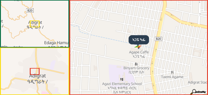 Map showing the address of ኣጋፔ ካፌ in three different zoom levels.